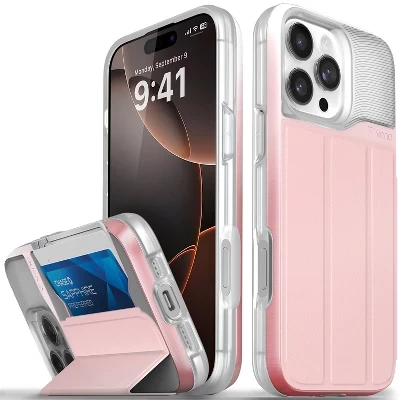 Чехол-портмоне vCommute для Apple iPhone 16 Pro Max, чехол с подставкой, кожаный держатель для карт [Защита от падения военного класса], Красно-розовый