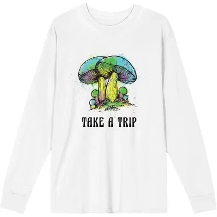 Футболка для взрослых с круглым вырезом и длинным рукавом Natural World Take A Trip Грибы белая