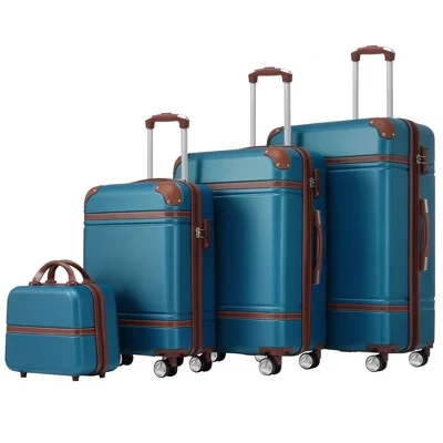 Комплекты для багажа из 4 предметов в твердой оболочке с замком TSA, Чемоданы на колесиках и косметичка, Легкий дорожный багаж, 20/24/28 дюймов синего цвета