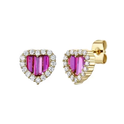Radiant Baguette Heart Halo Earrings in 14k Gold Plating with Cubic Zirconia—Timeless Studs for Everyday Glam in Green, Purple, or Blue. purple