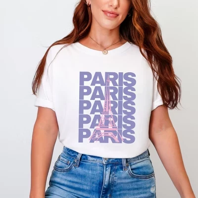 Paris Stacked Purple - Женская одежда, окрашенная в белый цвет футболка с графическим рисунком