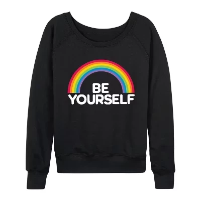 Женская - - Rainbow Be Yourself Легкая французская махровая рубашка с широким вырезом и длинным рукавом с графическим рисунком черного цвета