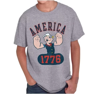 Футболки с круглым вырезом Popeye The Sailor Man America 1776 для мальчиков и девочек лицензионного серого цвета
