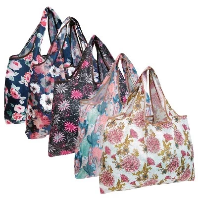 Большие складные нейлоновые многоразовые продуктовые сумки Tote, 5 упаковок цветов и папоротников