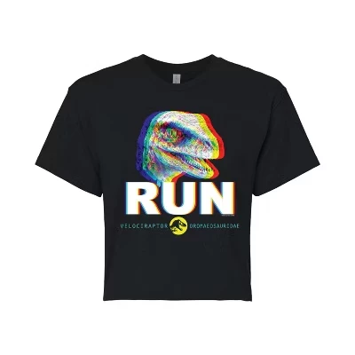 Женская укороченная футболка с изображением велоцираптора Run Glitch, черная