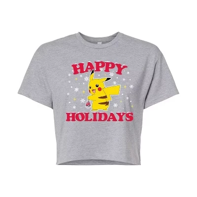 Женская футболка Pokemon Happy Holidays укороченная, серо-меланжевая