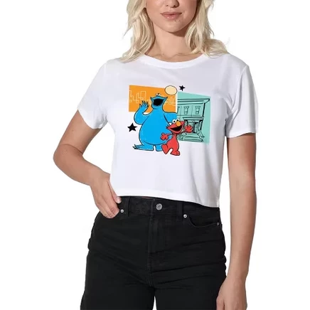 Женский укороченный топ Street Beats от Cookie Monster и Elmo белого цвета