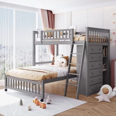 Двухъярусная кровать Twin over Full с нижней кроватью на колесиках, 6 полками для хранения и регулируемыми полками - серый
