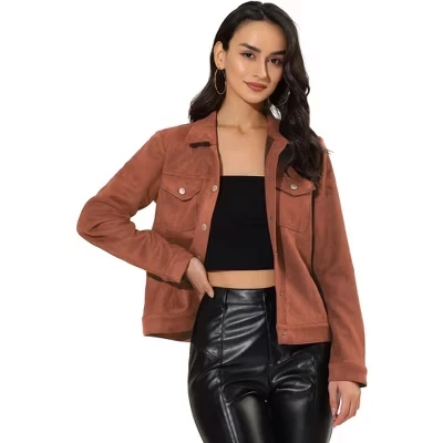 Women's Turn-Down Collar Flap Pockets Snap Button Faux Suede Jacket caramel