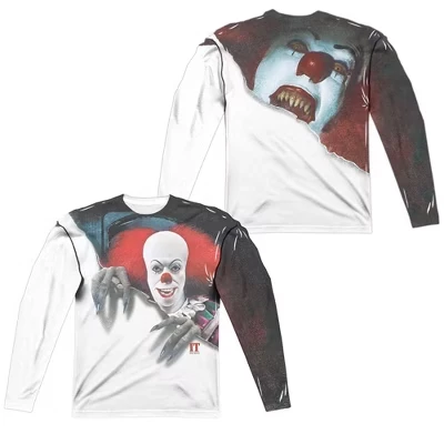 Мужская футболка It 1990 Pennywise It (принт спереди и сзади) с длинным рукавом для костюма, белая