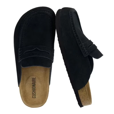 Fondu Genuine Leather Mule Clogs for Women, Comfortable Slip On Womens Shoes with Penny Strap Accent and Memory Foam Footbed black