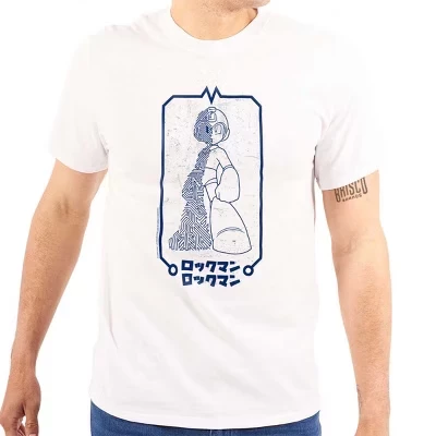 Графическая футболка с изображением материнской платы компьютера Mega Man Kanji для мужчин или женщин лицензионного белого цвета