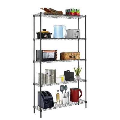 5-Ярусный проволочный стеллаж Garage NSF Wire Shelf с регулируемыми полками и вместительным объемом для хранения 1250 фунтов черного цвета