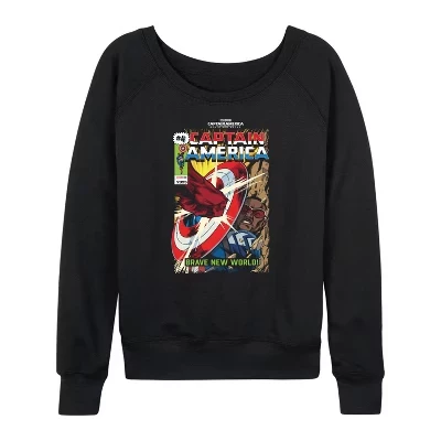 Women's -  - Captain America Comic Book Issue 4 Lightweight French Terry Wide Neck Long Sleeve Graphic Shirt black