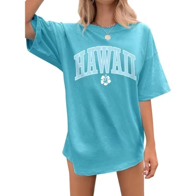 Женские гавайские тропические футболки с цветочным рисунком Oversize Summer Tee Top небесно-голубого цвета