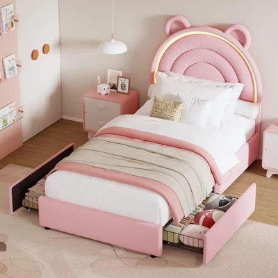 Каркас кровати Twin Size с 4 выдвижными ящиками для хранения вещей, обитая бархатом кровать-платформа с радужным изголовьем для детей/мальчиков, Рейки из цельного дерева поддерживают розовый цвет