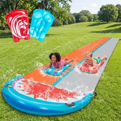 Двухполосная водная горка Splash Slip длиной 22,5 фута, водные горки на открытом воздухе с 2 надувными досками и разбрызгивателями, летняя игрушка для детей и взрослых shark