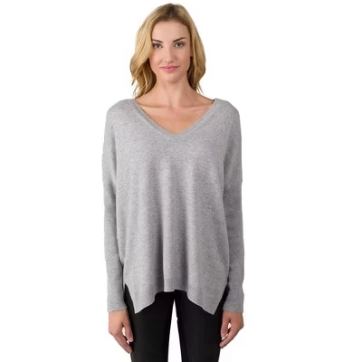 Женский свитер J CASHMERE из 100% кашемира с длинным рукавом и двойным V-образным вырезом, серый