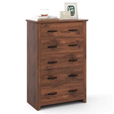 Комод Costway 5 ящиков высокий из МДФ, темно-серый/орех, 79×43×119 см