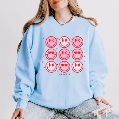 S.W.Smiley Valentine Диаграмма со смайликом Легкая одежда Окрашенная толстовка гортензия