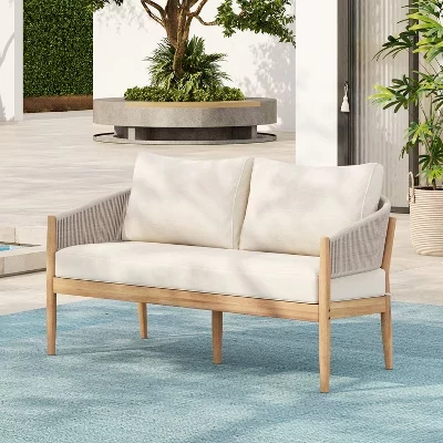 Диванчик Stuart Modern Patio из плетеной веревки из дерева акации с разноцветной подушкой