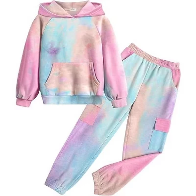 Комплект одежды для девочек из 2 предметов, спортивные костюмы Tie Dye, спортивные толстовки с длинными рукавами и спортивные штаны с карманами pat1