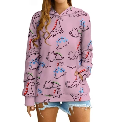 Women's Cute Dinosaur Graphic Long Sleeve Casual Loose Hooded Pullover Sweatshirt with Pocket Hoodie pink