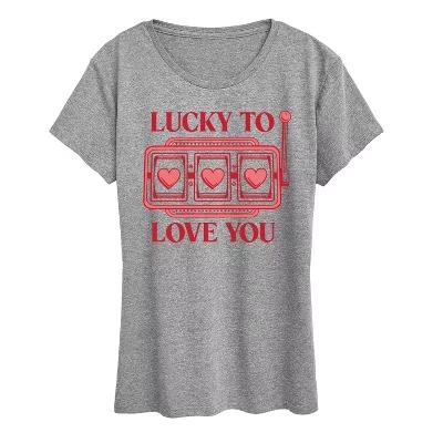 Женская футболка Lucky to Love You с коротким рукавом и рисунком серого цвета.
