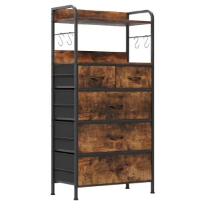 5-Drawer Fabric Dresser with Iron+MDF+PB Frame, Cationic Non-woven Fabric, Tiger Skin Pattern brown