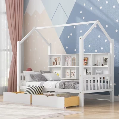 Twin Size House Bed,with Trundle and Storage Shelf,Kids Bed with Roof Design,Multifunctional Sky Roof House Bed Frame,No Box Spring Required white