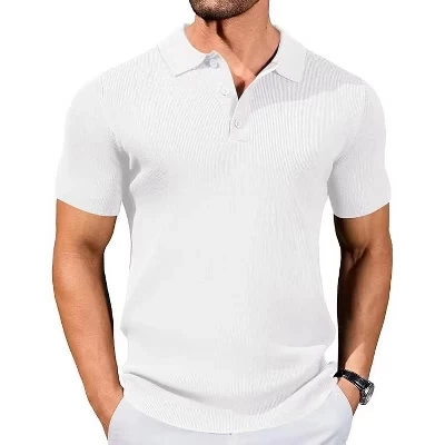 Мужские трикотажные рубашки поло Slim Fit, деловой легкий свитер поло, повседневная летняя футболка с ребристым текстурированным воротником, белая