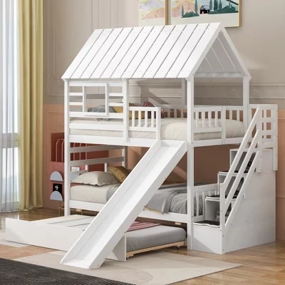 Двухъярусные кровати Twin over Twin House с горкой, двухъярусная кровать Twin с лестницей для хранения вещей и выдвижным ящиком, Деревянная детская двухъярусная кровать с крышей и окном белого цвета