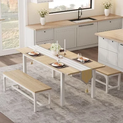 Раздвижной обеденный стол SunnyFurn со скамьями, белый