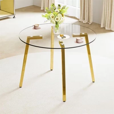 Round Glass Dining Table, Modern Kitchen Table with Clear Tempered Glass Top & Metal Legs, Circle Dining Table for Dining Room Living Room golden