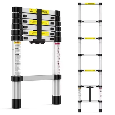 Lightweight Aluminum Telescoping Extension Ladder – 6.6 FT Collapsible, Portable, Anti-Slip Feet & Lock, 330 lbs Capacity – Multipurpose for Home silver