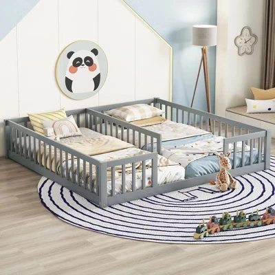 Двуспальная напольная кровать Twin Size для малышей с ограждением, современная кровать Монтессори с перилами для спальни серого цвета