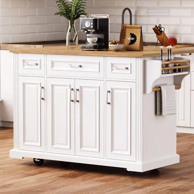 Rolling Black Drop Leaf Wood Top 54 in. Kitchen Island Cart with Adjustable Shelves, Hidden Wheels, Soft Close Hinges white