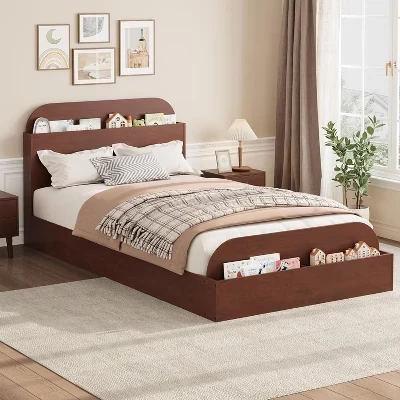 Каркас кровати Twin Size с изголовьем для хранения вещей и приподнятым изножьем, Деревянная низкопрофильная кровать-платформа для детей, прочная опора из ламелей, пружинный блок не требуется, красное палисандровое дерево