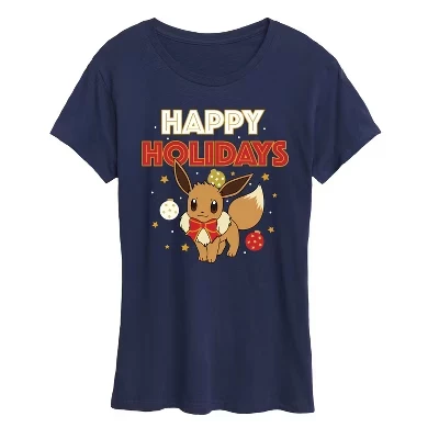 Женская футболка с коротким рукавом и рисунком Pokémon - Happy Holidays Evee темно-синего цвета