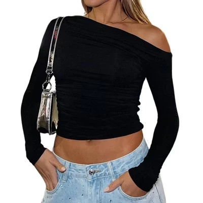 Женский повседневный укороченный топ Slim Fit с вырезом лодочкой и открытыми плечами, блузки на выход, обтягивающие рубашки черного цвета