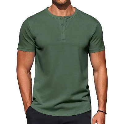 Мужские повседневные футболки Henley, летние хлопчатобумажные рубашки с коротким рукавом, базовые футболки на пуговицах