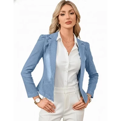 Womens Jean Jacket Lapel Long Sleeve One Button Slim Denim Blazer Cropped Denim Jacket light blue