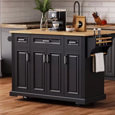 Rolling Black Drop Leaf Wood Top 54 in. Kitchen Island Cart with Adjustable Shelves, Hidden Wheels, Soft Close Hinges black