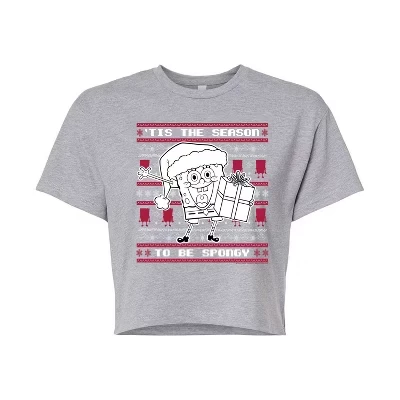 Женская укороченная футболка SpongeBob Xmas Sweater, серый меланж