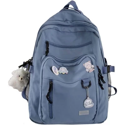 Cute Aesthetic Backpack for Teens – Pink School & Travel Book Bag with Bear Pin for Girls blue