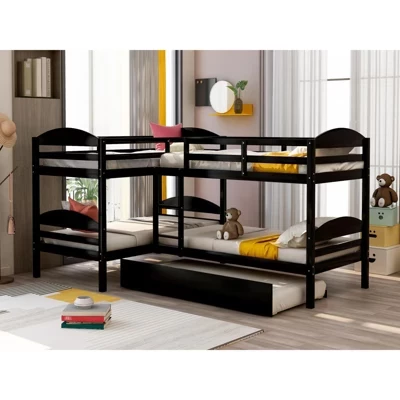Двухъярусная кровать Twin over Twin L-образной формы с выдвижным ящиком, рассчитана на 5 спальных мест, Пружинный блок не требуется, Белый/Серый/Эспрессо - espresso
