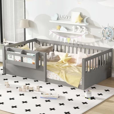 Twin/Full/Queen Floor Bed with Heightened Fence and Bookshelf, Wood Platform Bed for Kids gray