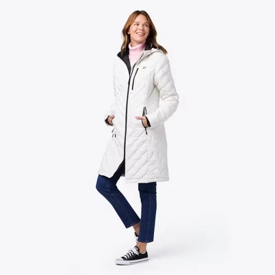 Мобильная согревающая женская кремовая куртка-пуховик с подогревом Meridian Long Puffer