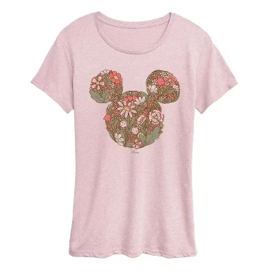 Женская футболка с цветочным рисунком и ушками Микки с коротким рукавом heather pink