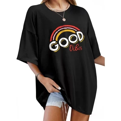 Женская футболка оверсайз с принтом Good Vibes, топ с коротким рукавом и круглым вырезом, свободная рубашка с заниженными плечами, черный